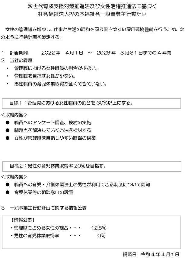 次世代育成支援対策推進法及び女性活躍推進法に基づく社会福祉法人樫の木福祉会一般事業主行動計画女